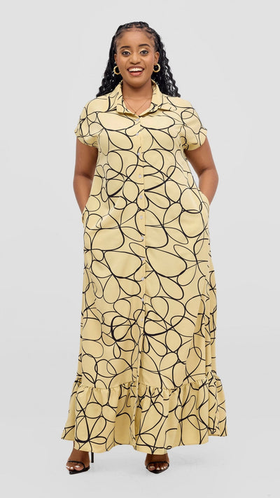 Vivo Asha Drop Shoulder Maxi Shirt Dress - Beige / Black Print - Shopzetu