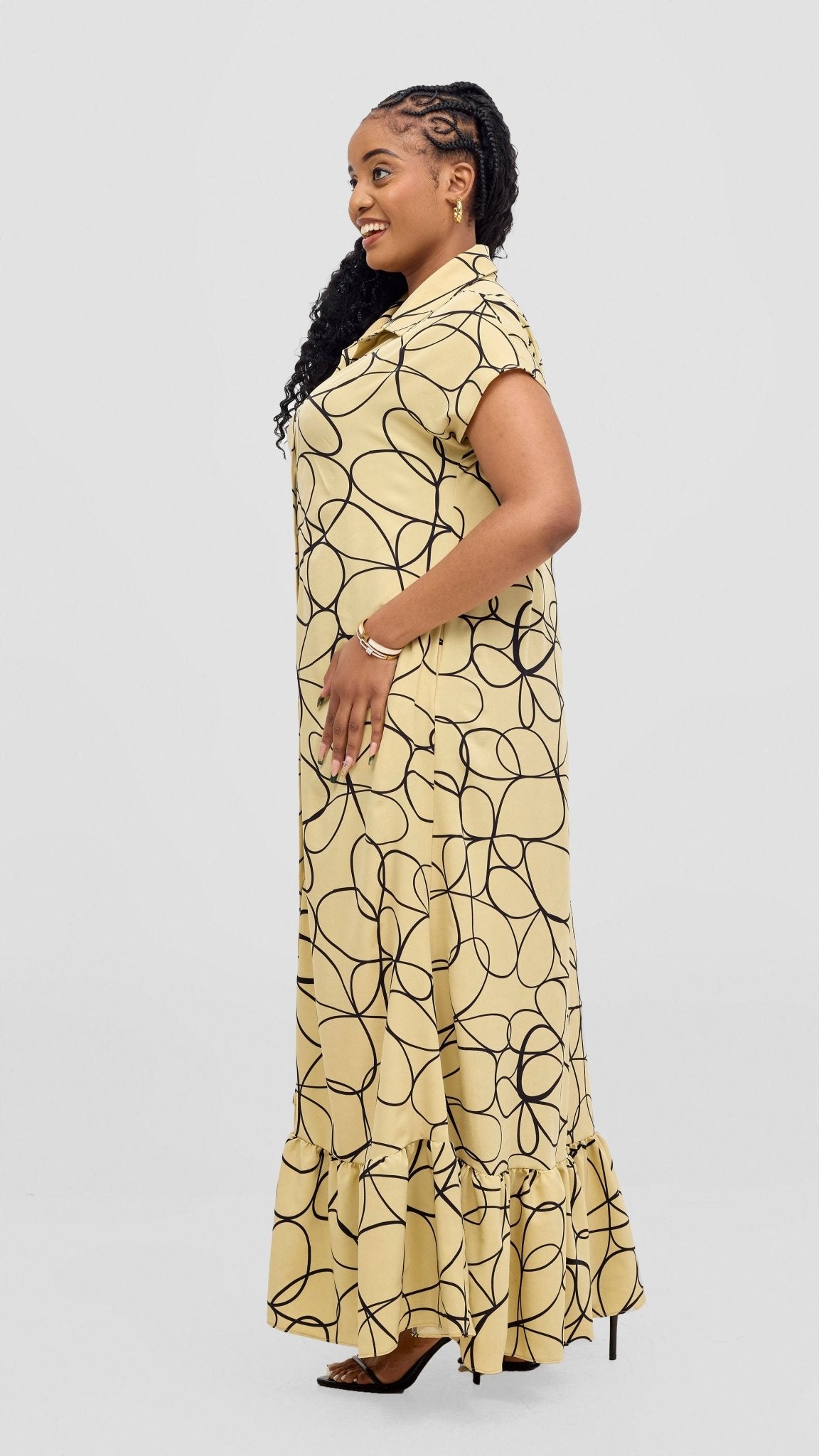 Vivo Asha Drop Shoulder Maxi Shirt Dress - Beige / Black Print - Shopzetu