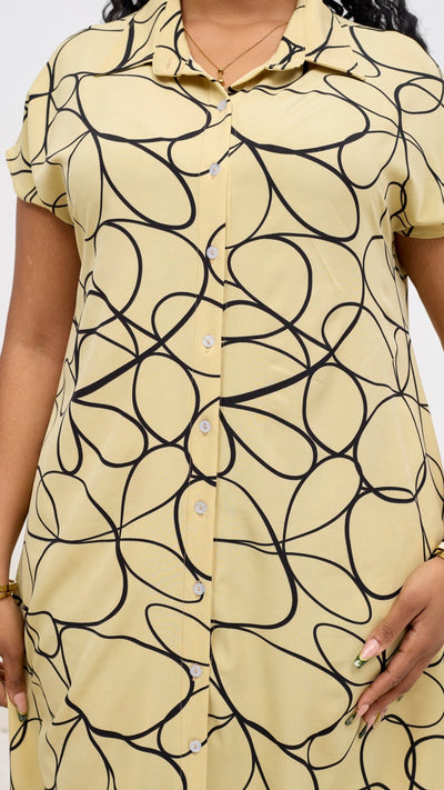 Vivo Asha Drop Shoulder Maxi Shirt Dress - Beige / Black Print - Shopzetu