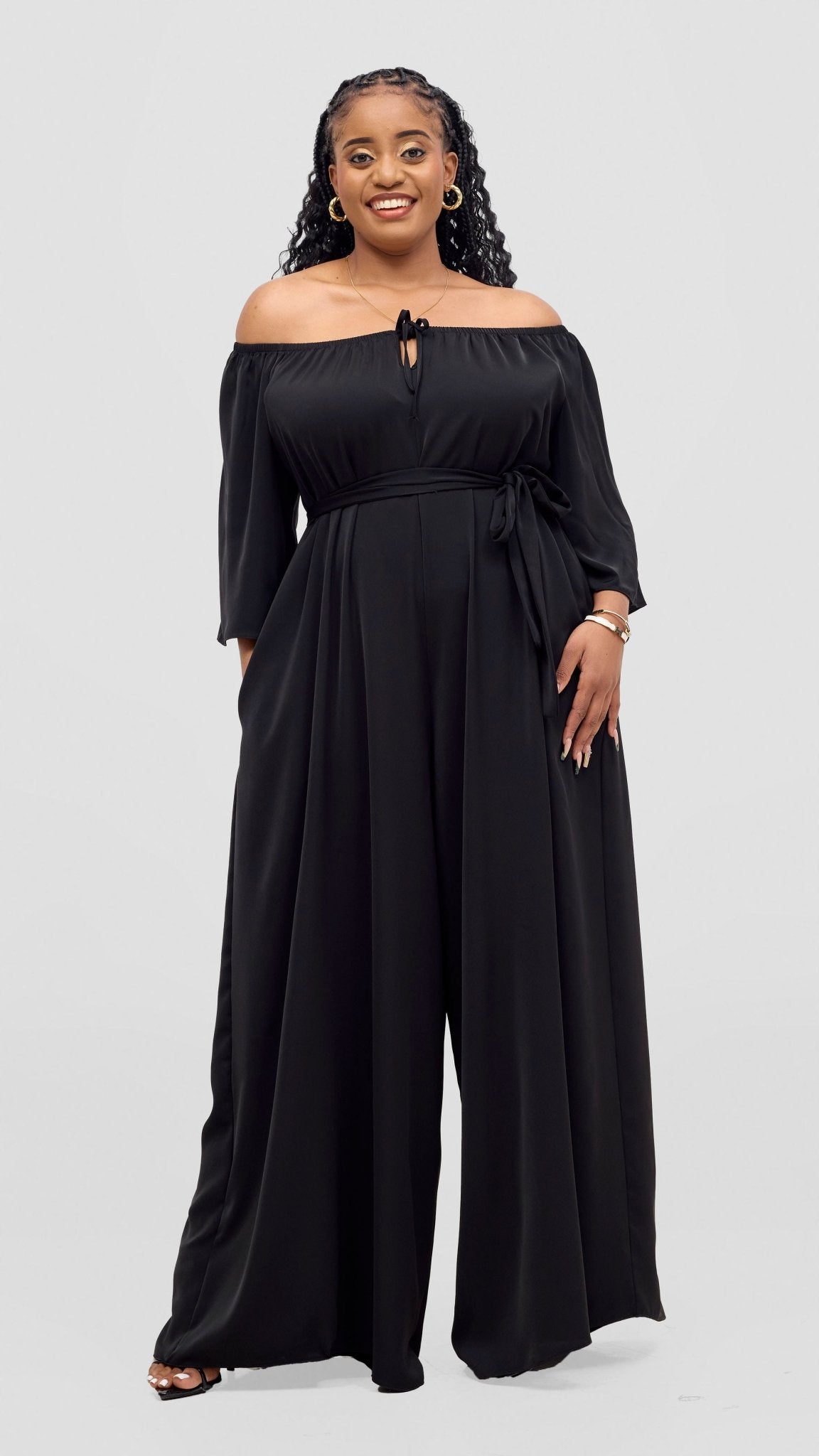 Vivo Zahari 3/4 Sleeve Off - Shoulder Jumpsuit - Black - Shopzetu