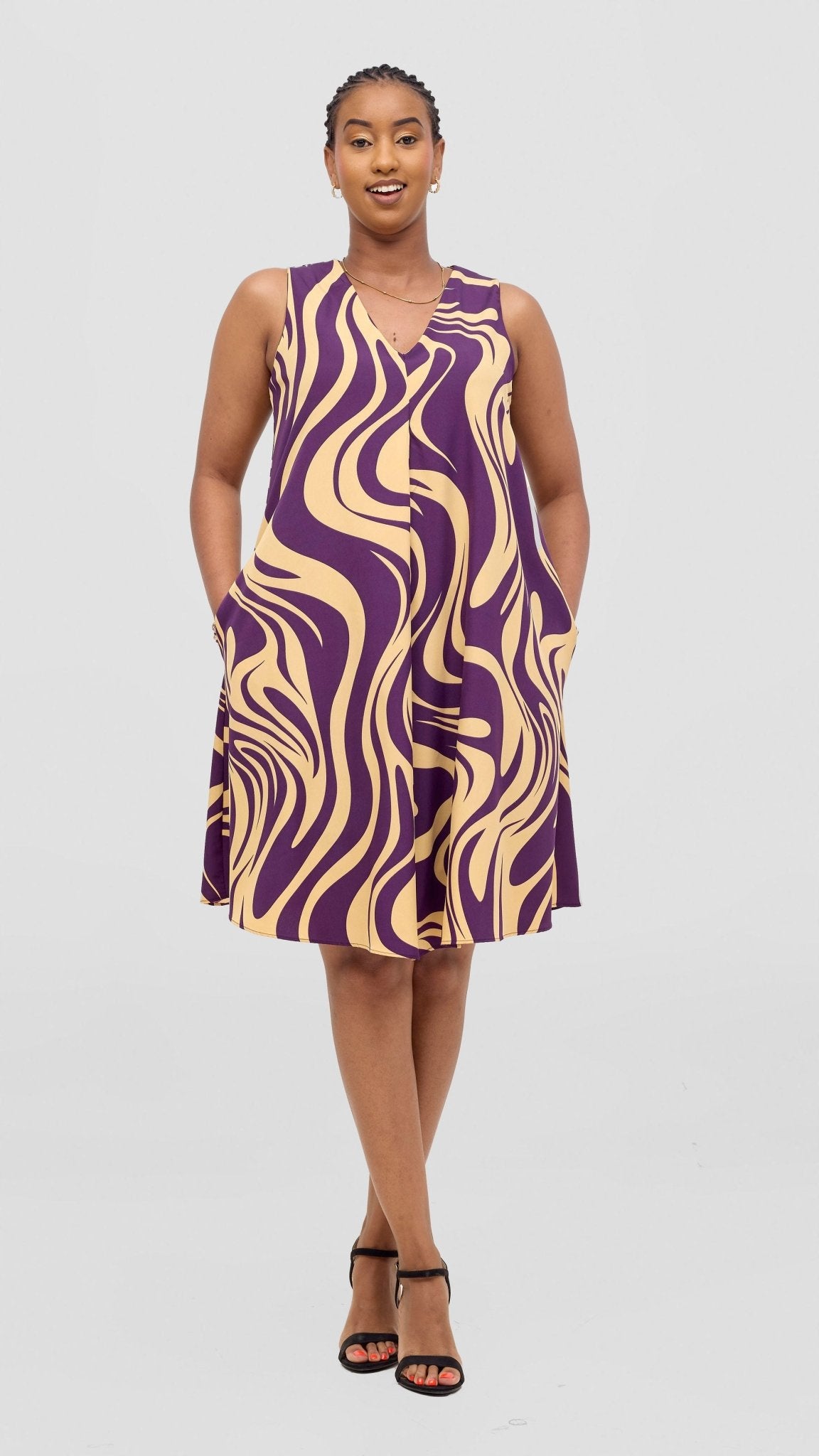 Vivo Ava Front Pleat Knee Length Dress - Cream / Purple Print - Shopzetu