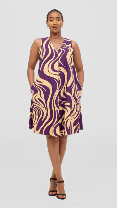 Vivo Ava Front Pleat Knee Length Dress - Cream / Purple Print - Shopzetu