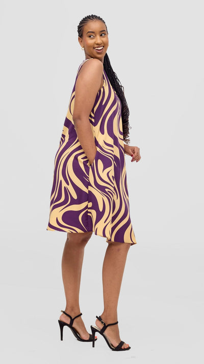 Vivo Ava Front Pleat Knee Length Dress - Cream / Purple Print - Shopzetu