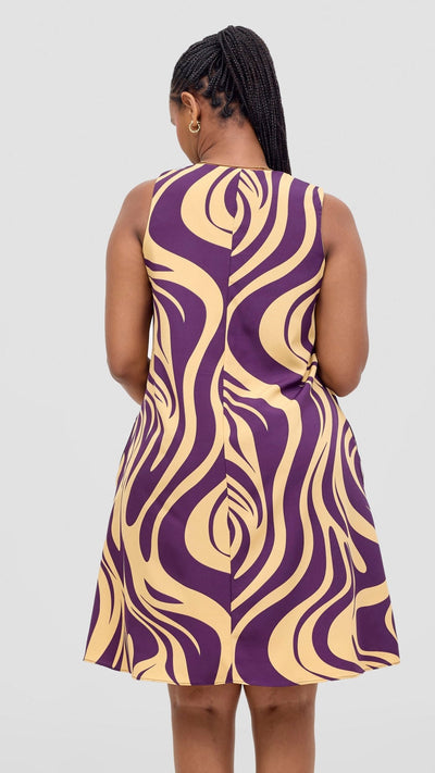 Vivo Ava Front Pleat Knee Length Dress - Cream / Purple Print - Shopzetu