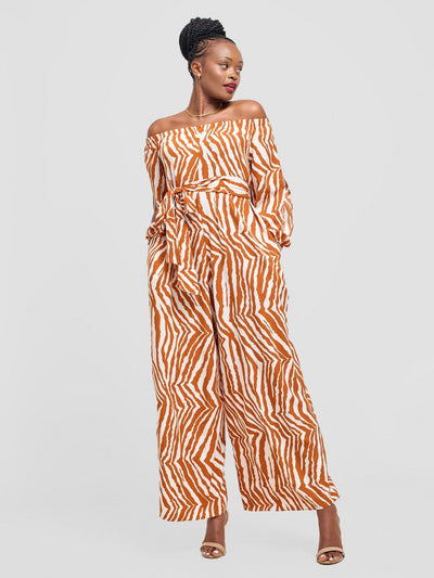 Vivo Yumi Off Shoulder Jumpsuit - Cream / Brown Mistari Print - Shopzetu