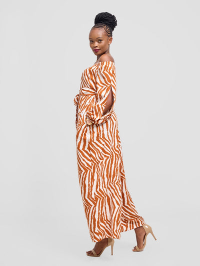 Vivo Yumi Off Shoulder Jumpsuit - Cream / Brown Mistari Print - Shopzetu