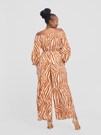 Vivo Yumi Off Shoulder Jumpsuit - Cream / Brown Mistari Print - Shopzetu