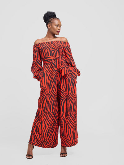 Vivo Yumi Off Shoulder Jumpsuit - Black / Red Mistrai Print - Shopzetu