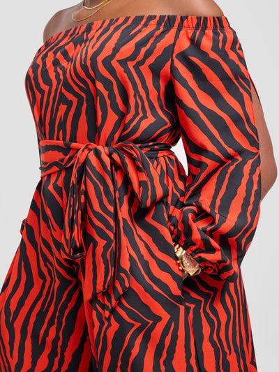 Vivo Yumi Off Shoulder Jumpsuit - Black / Red Mistrai Print - Shopzetu