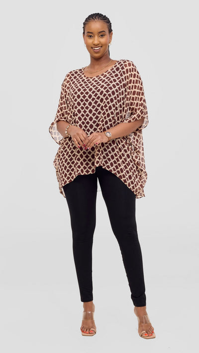 Vivo Ayana Wide High Low Top - Brown / Beige Print - Shopzetu