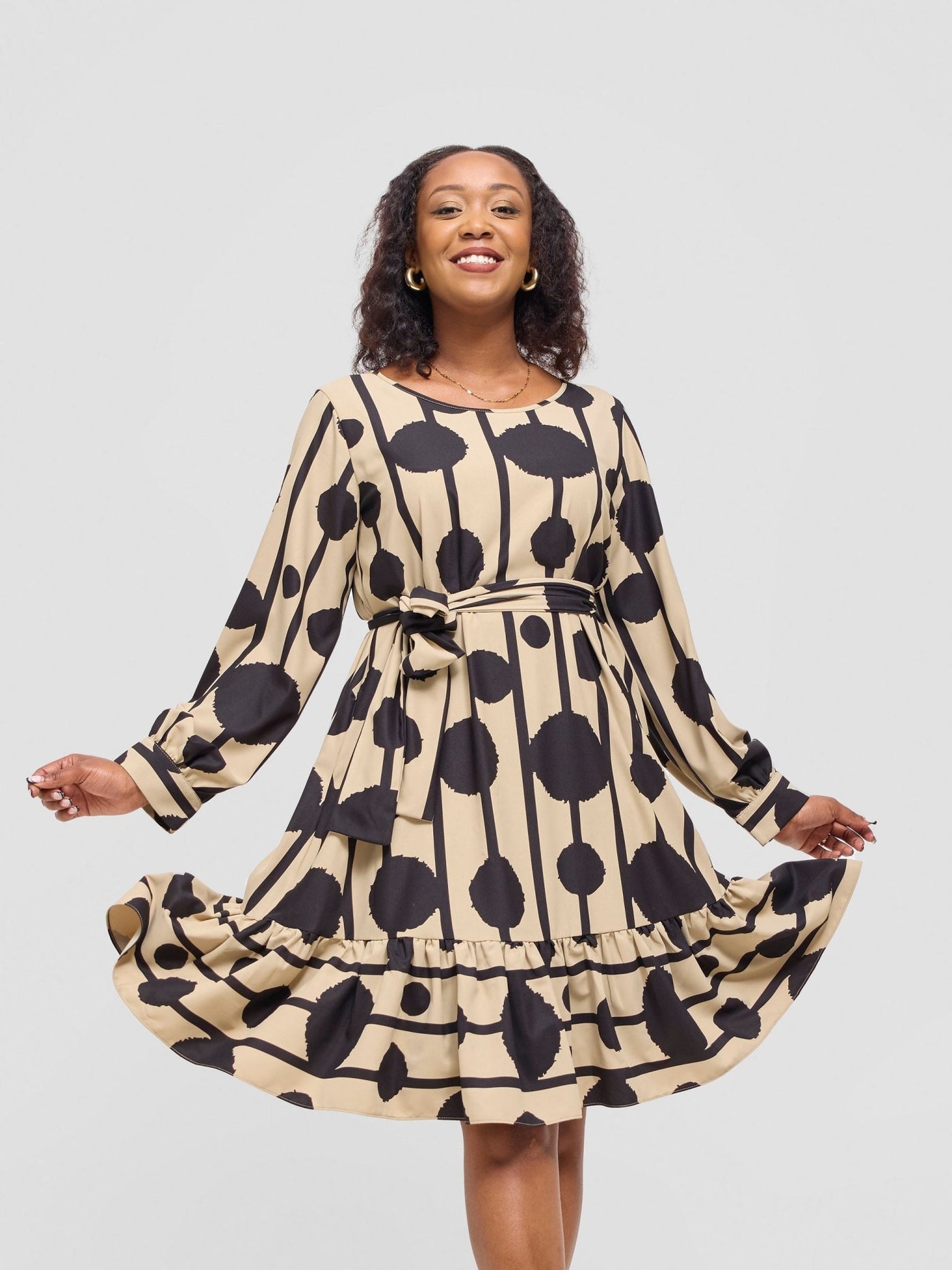Vivo Serwa Tent Dress - Taupe / Black Doti Print - Shopzetu
