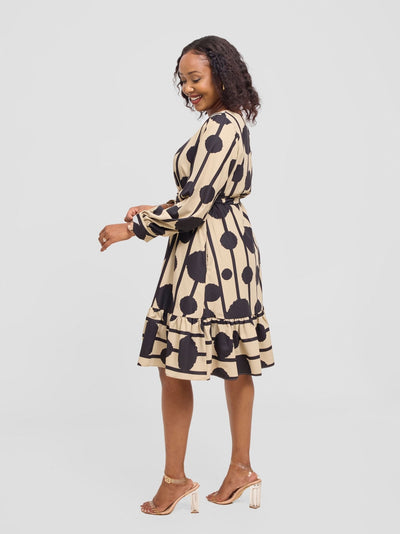 Vivo Serwa Tent Dress - Taupe / Black Doti Print - Shopzetu