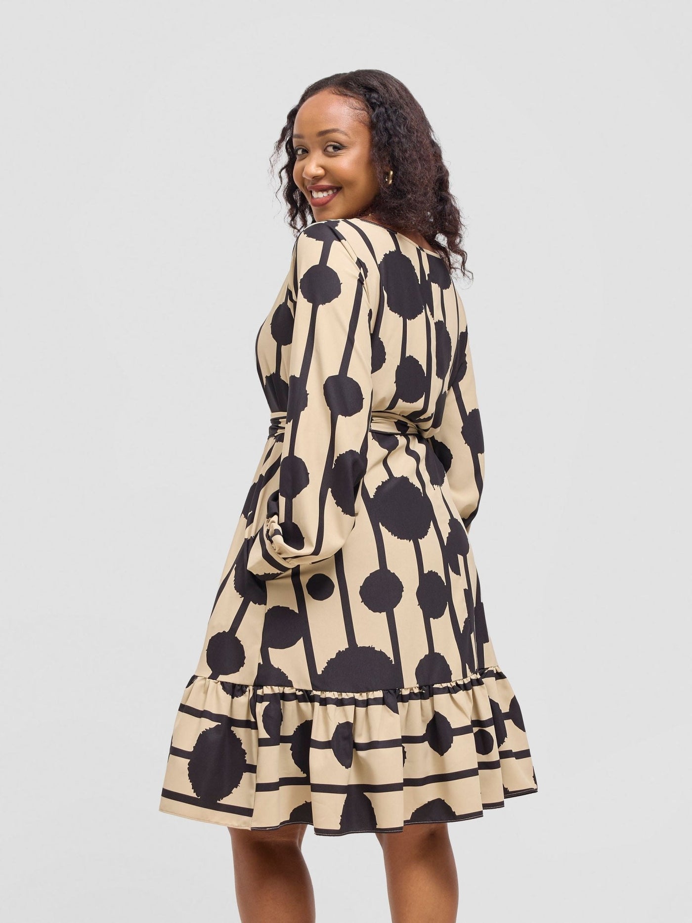Vivo Serwa Tent Dress - Taupe / Black Doti Print - Shopzetu