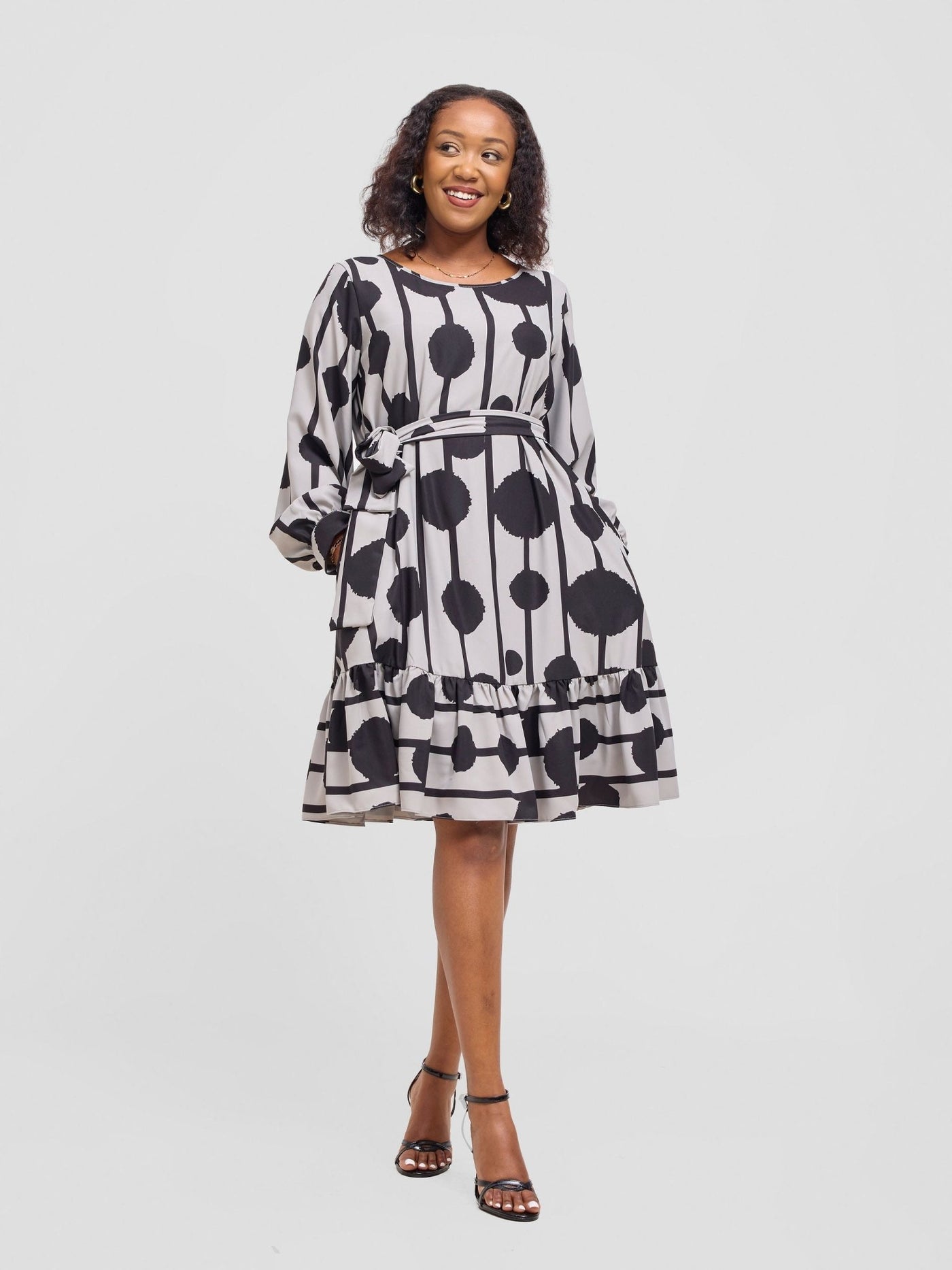Vivo Serwa Tent Dress - Ash Grey / Black Doti Print - Shopzetu