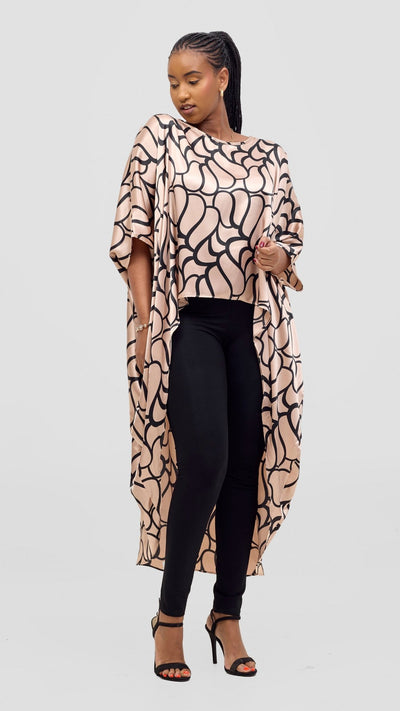 Vivo Satin High Low Top - Taupe / Black Print - Shopzetu