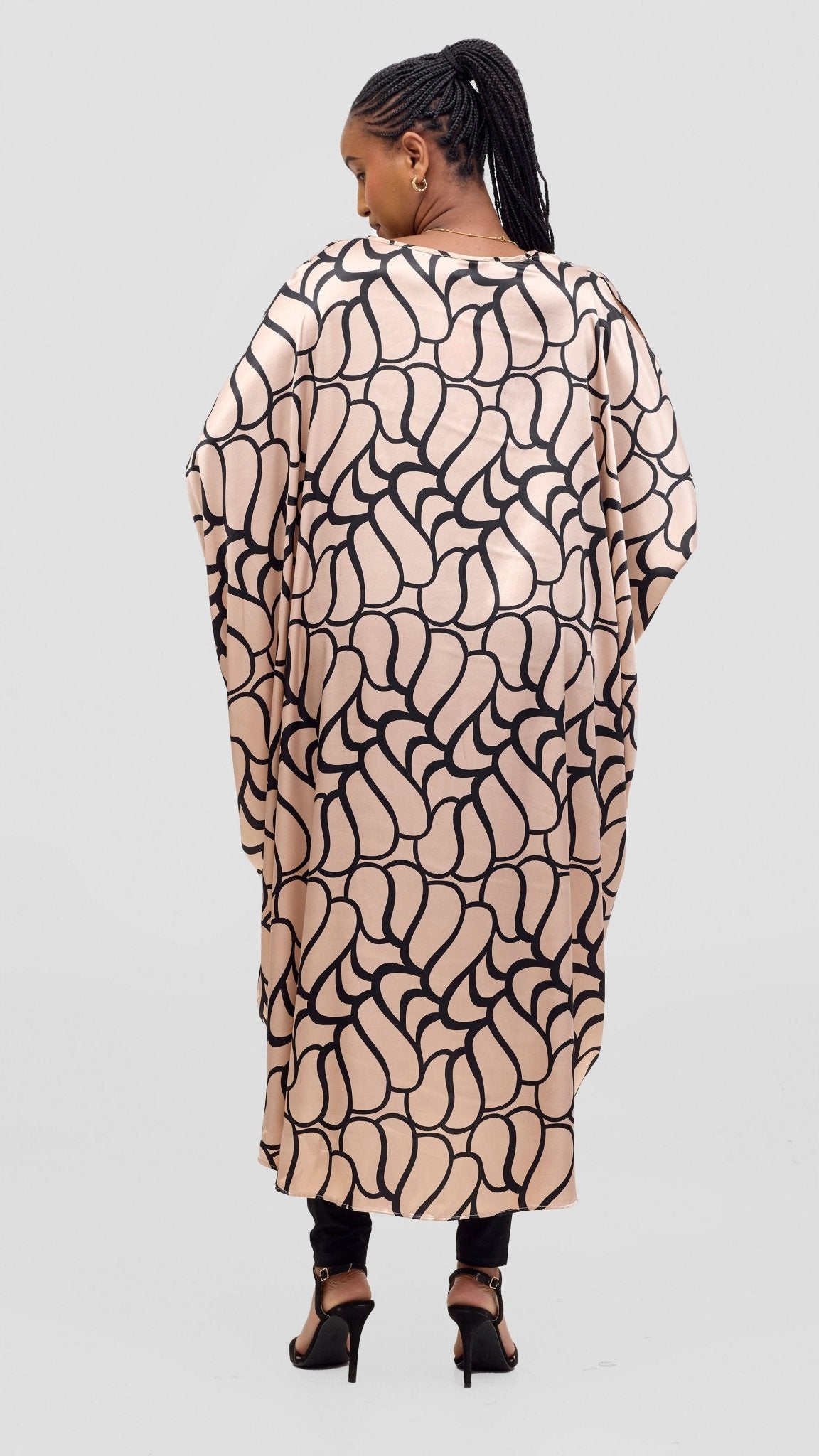 Vivo Satin High Low Top - Taupe / Black Print - Shopzetu