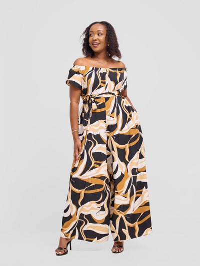 Vivo Dalia Off Shoulder Jumpsuit - Black / Tan Alia Print - Shopzetu