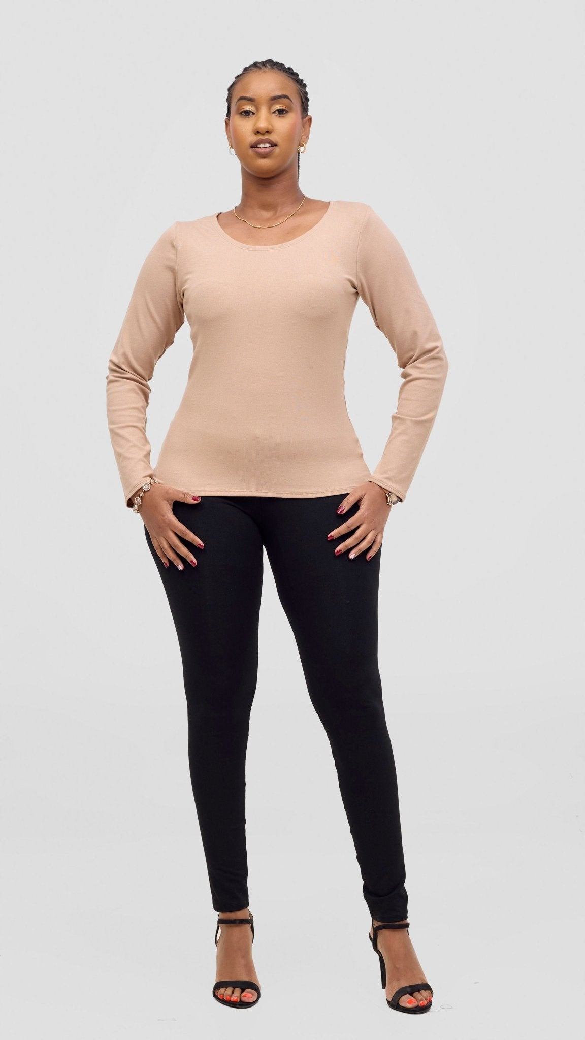 Vivo Basic Val Long Sleeve Sleeve Top - Taupe - Shopzetu