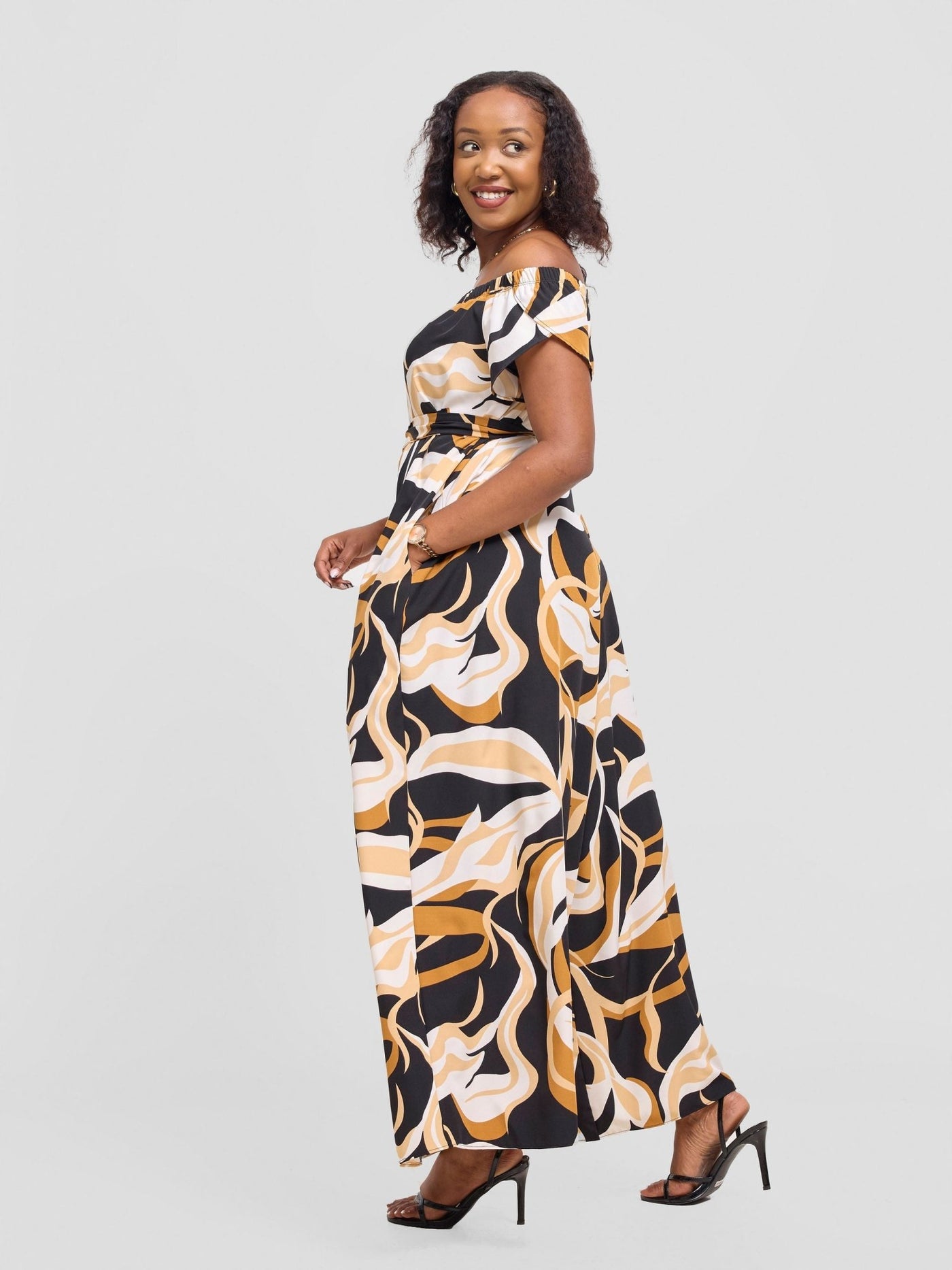 Vivo Dalia Off Shoulder Jumpsuit - Black / Tan Alia Print - Shopzetu