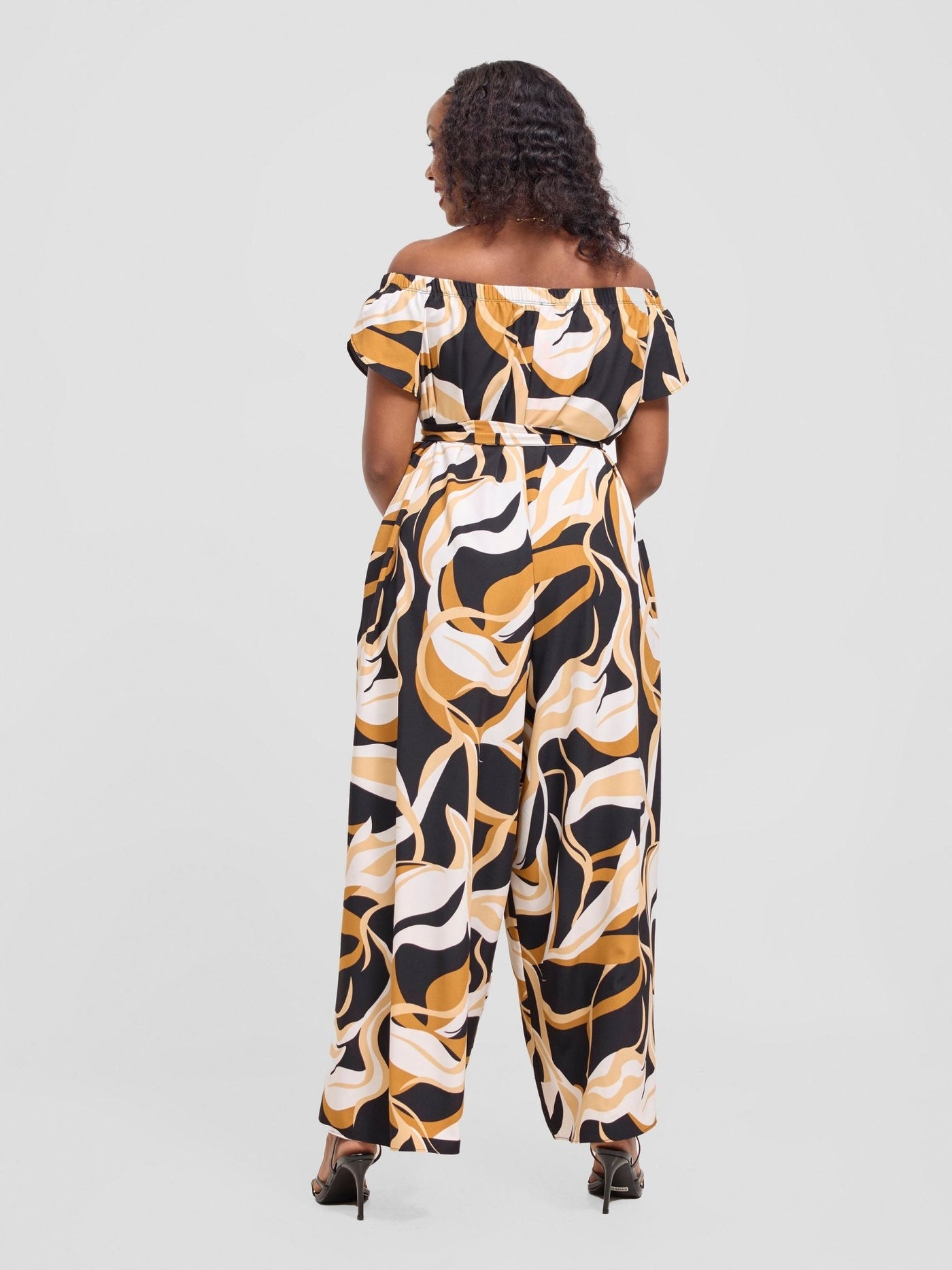 Vivo Dalia Off Shoulder Jumpsuit - Black / Tan Alia Print - Shopzetu