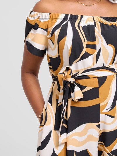 Vivo Dalia Off Shoulder Jumpsuit - Black / Tan Alia Print - Shopzetu