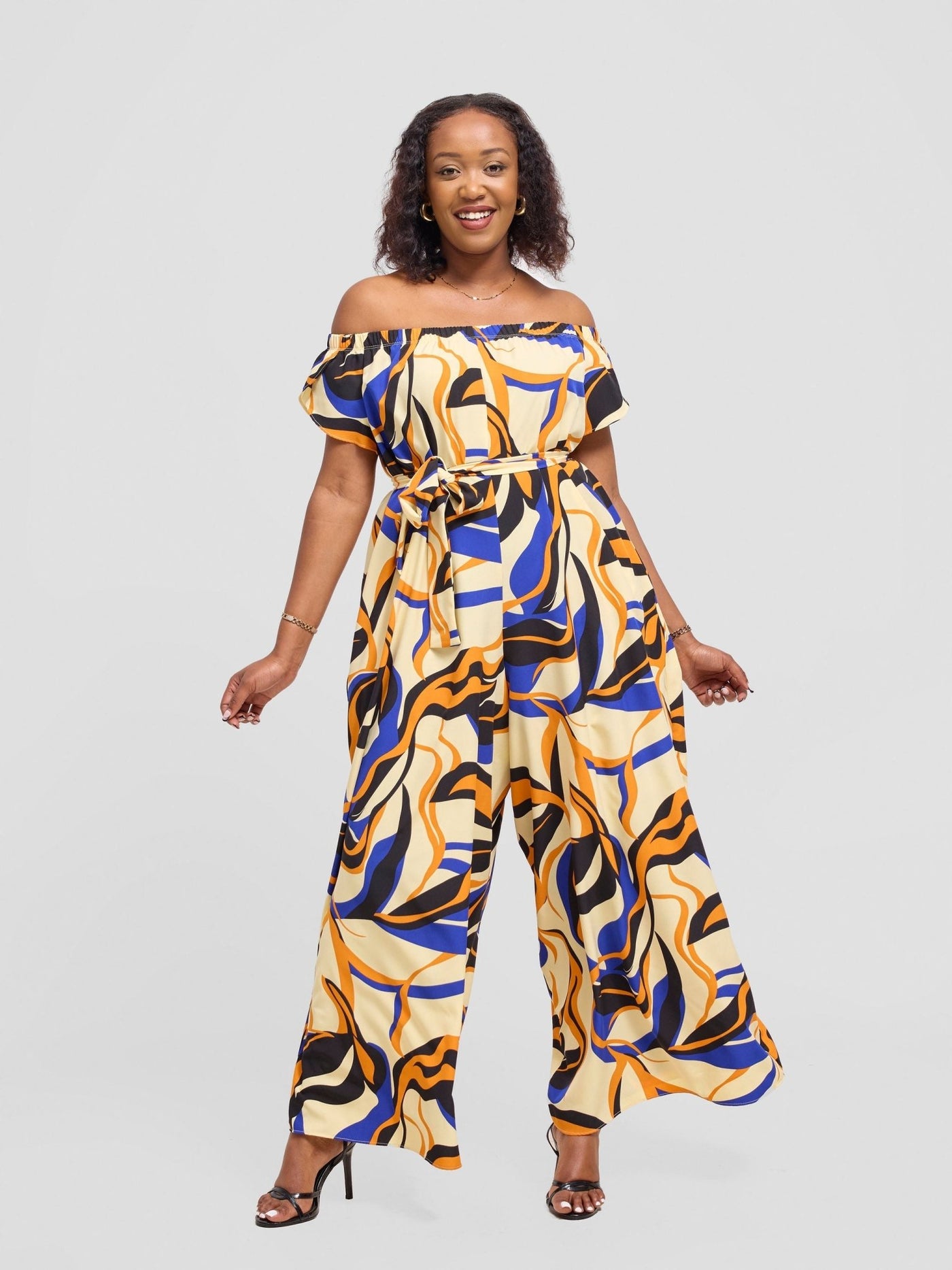 Vivo Dalia Off Shoulder Jumpsuit - Cream / Orange Alia Print - Shopzetu