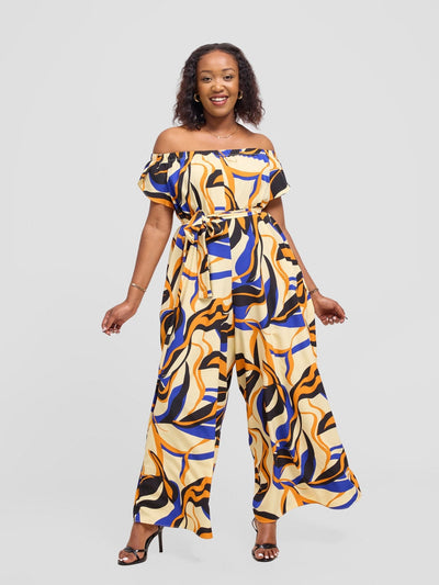 Vivo Dalia Off Shoulder Jumpsuit - Cream / Orange Alia Print - Shopzetu