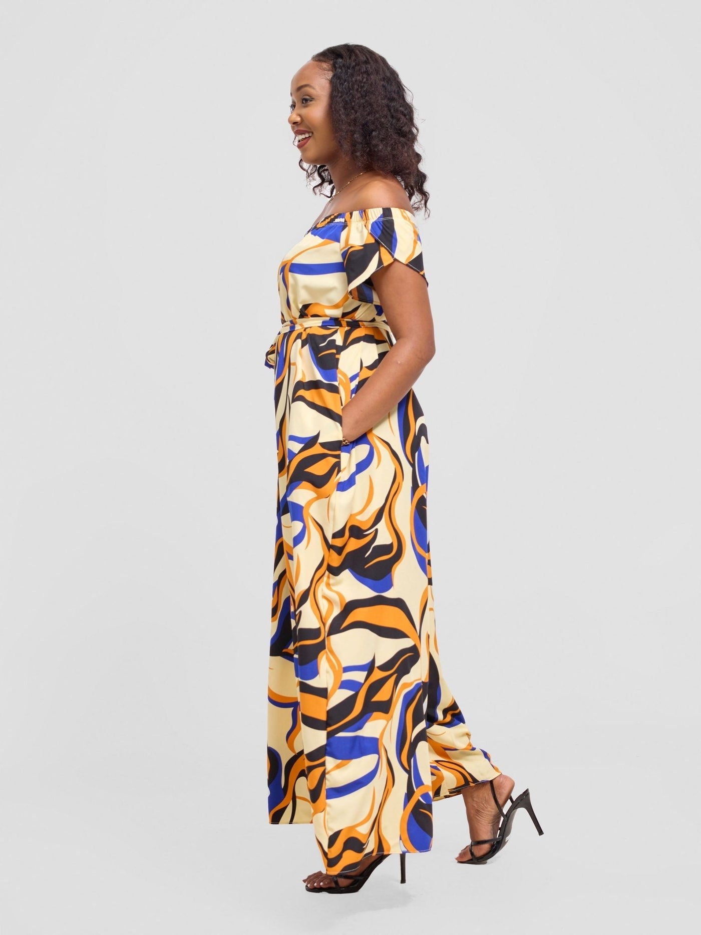 Vivo Dalia Off Shoulder Jumpsuit - Cream / Orange Alia Print - Shopzetu