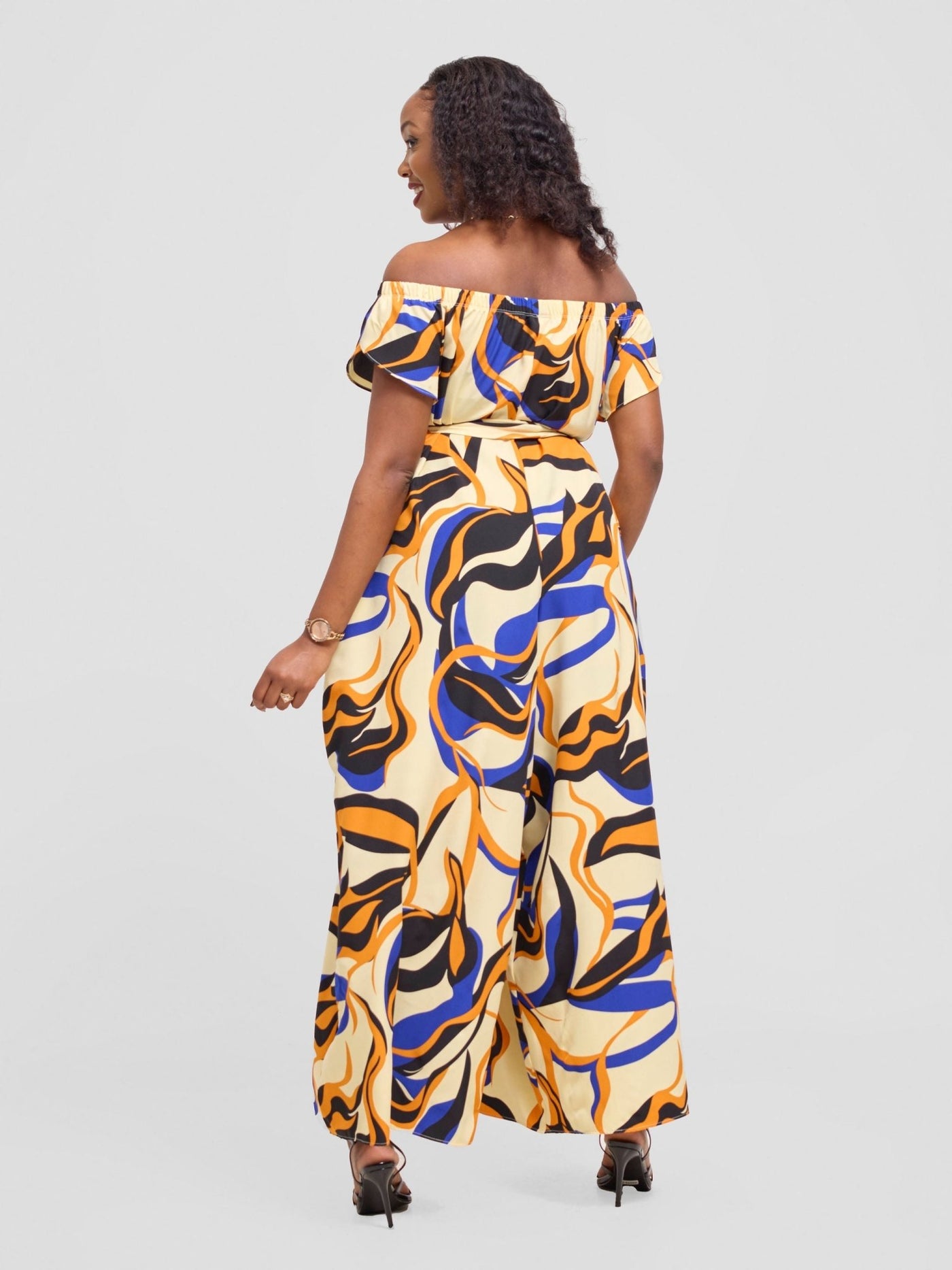 Vivo Dalia Off Shoulder Jumpsuit - Cream / Orange Alia Print - Shopzetu