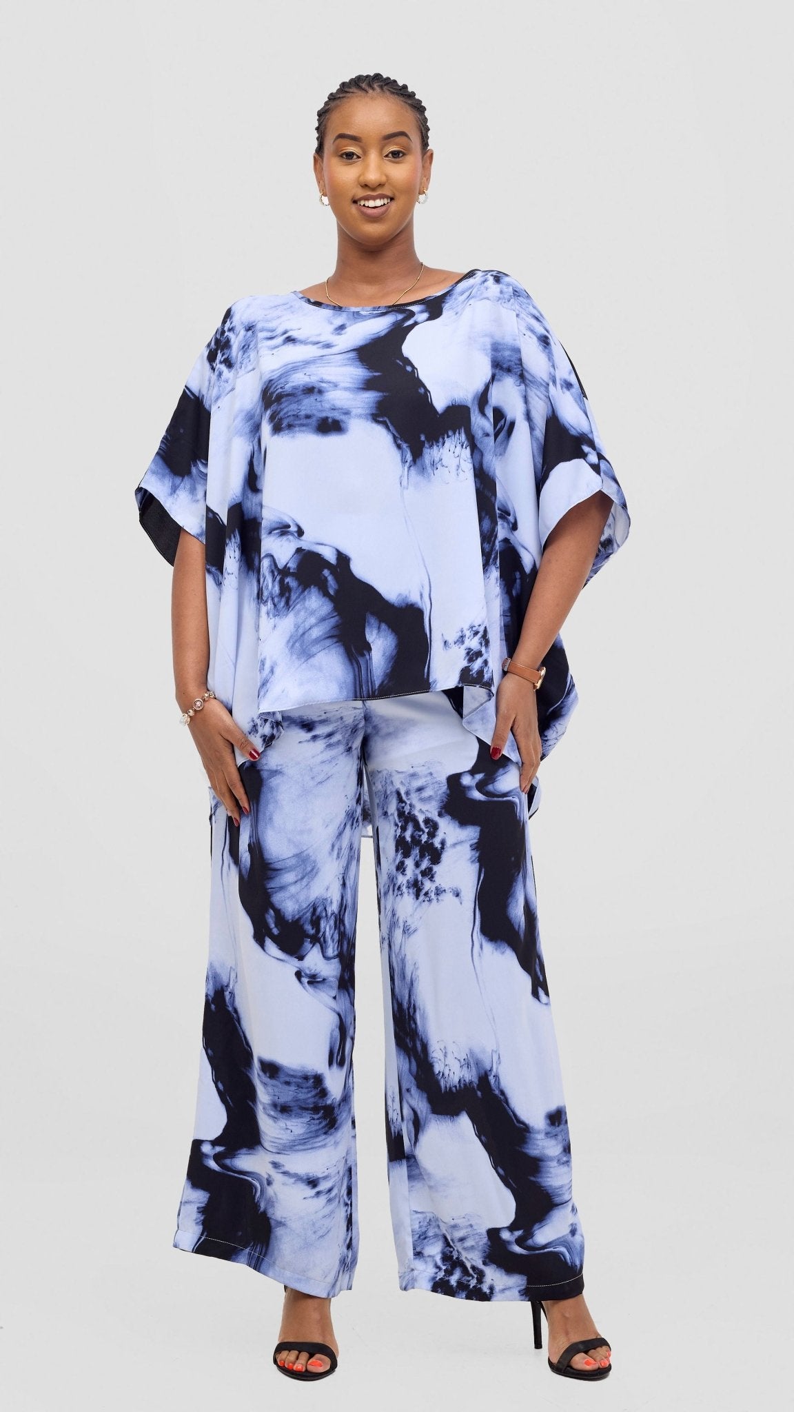 Vivo Maisha Top & Pant Set - White / Blue Print - Shopzetu