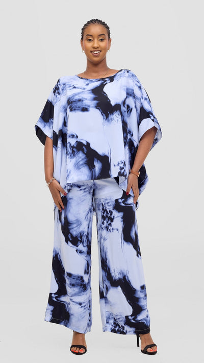 Vivo Maisha Top & Pant Set - White / Blue Print - Shopzetu