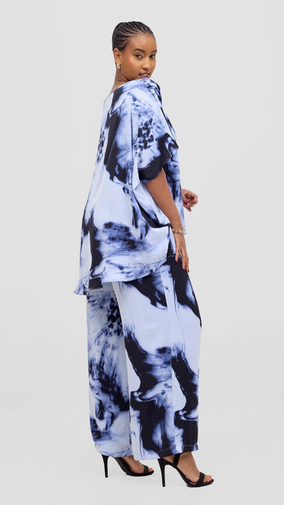 Vivo Maisha Top & Pant Set - White / Blue Print - Shopzetu