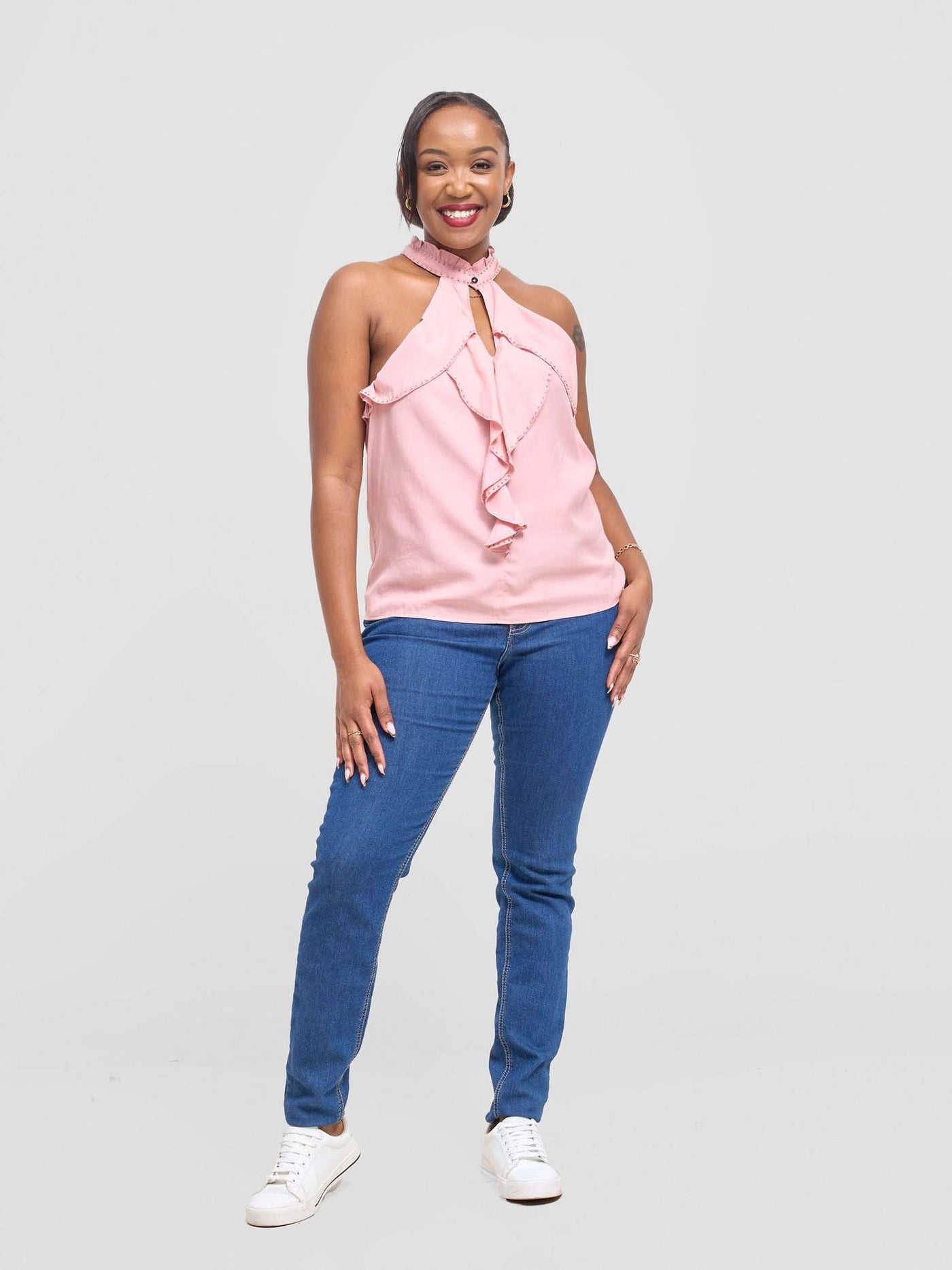 Hekaya Halter Neck Ruffle Blouse - Pink - Shopzetu