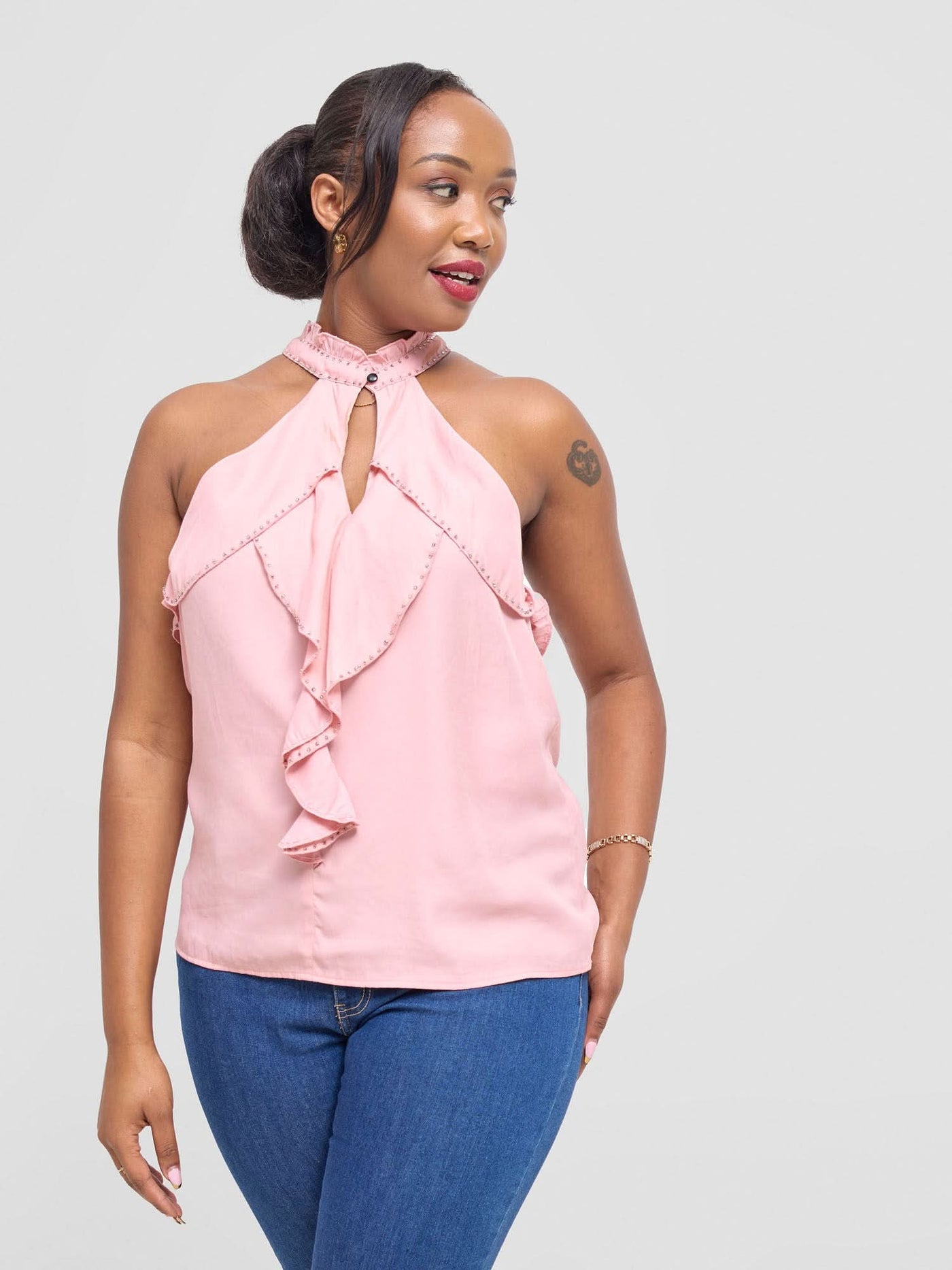 Hekaya Halter Neck Ruffle Blouse - Pink - Shopzetu
