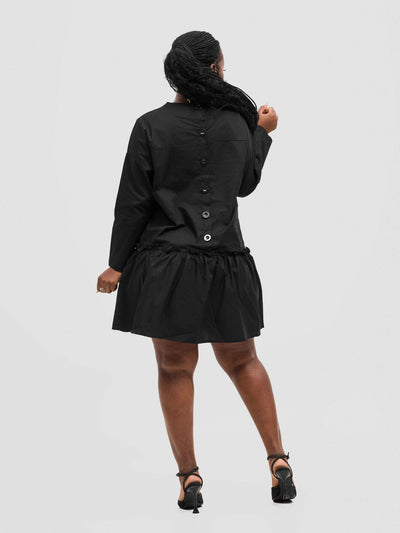 The Fashion Frenzy Buttoned Shift Dress - Black - Shopzetu