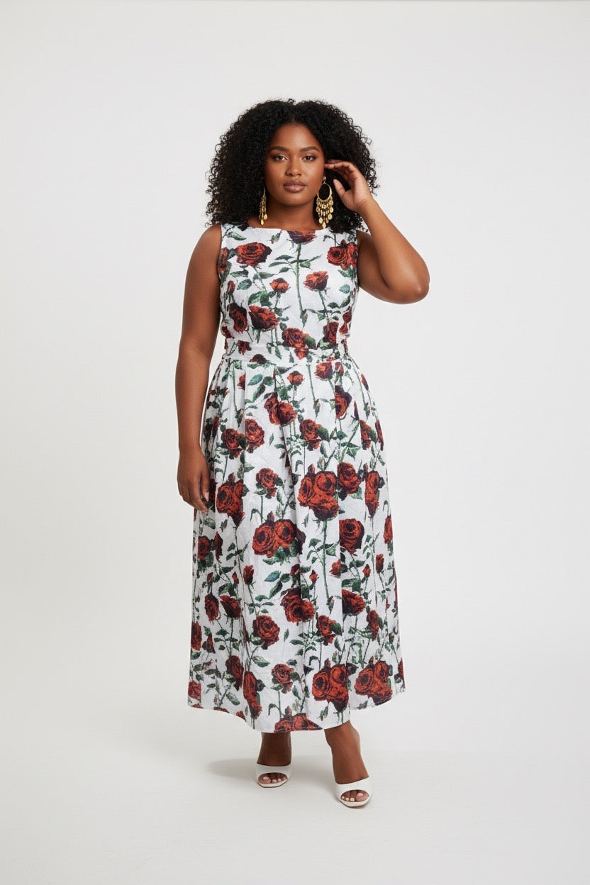 Stylish Sisters Floral Print Fit & Flare Dress- Red & White