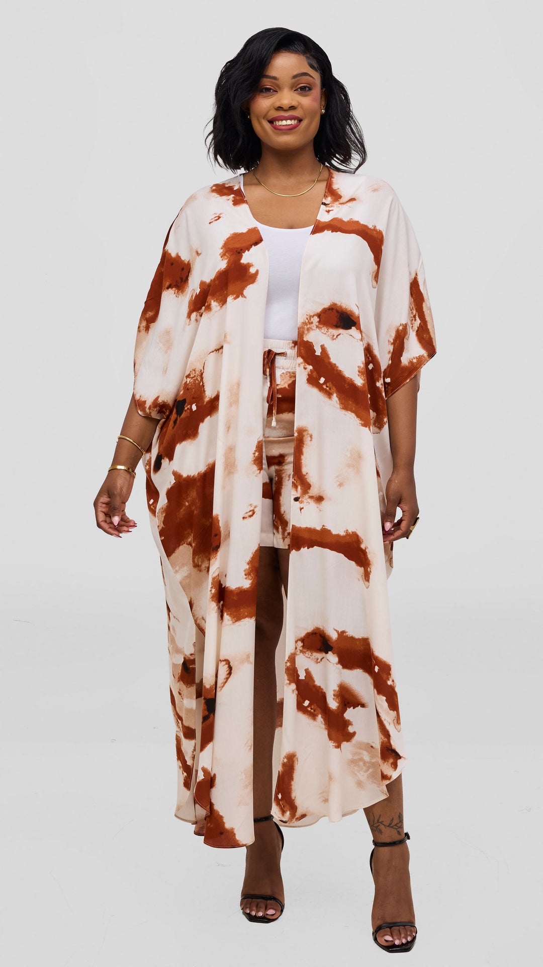 Vivo Talia Kimono & Shorts Set - Cream / Rust Print