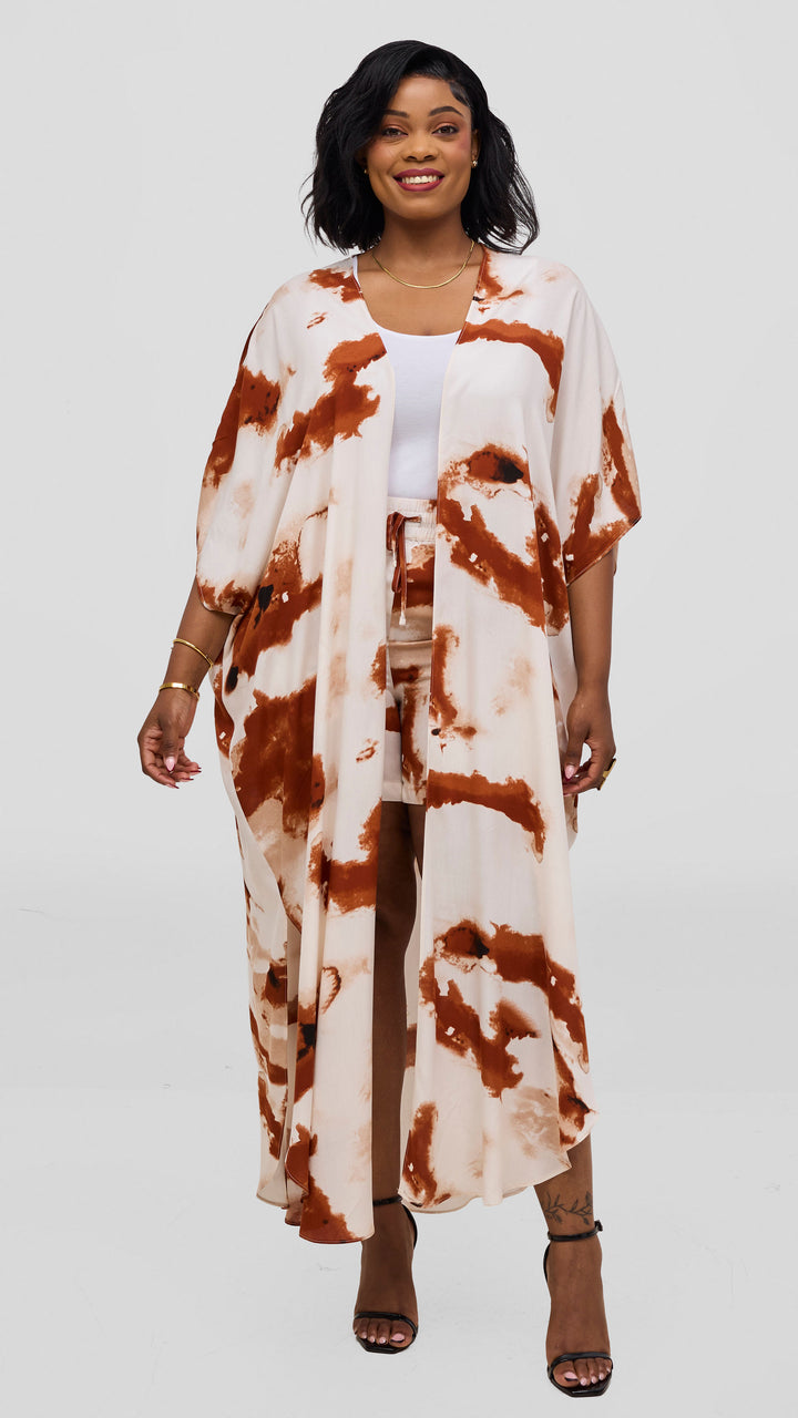 Vivo Talia Kimono & Shorts Set - Cream / Rust Print