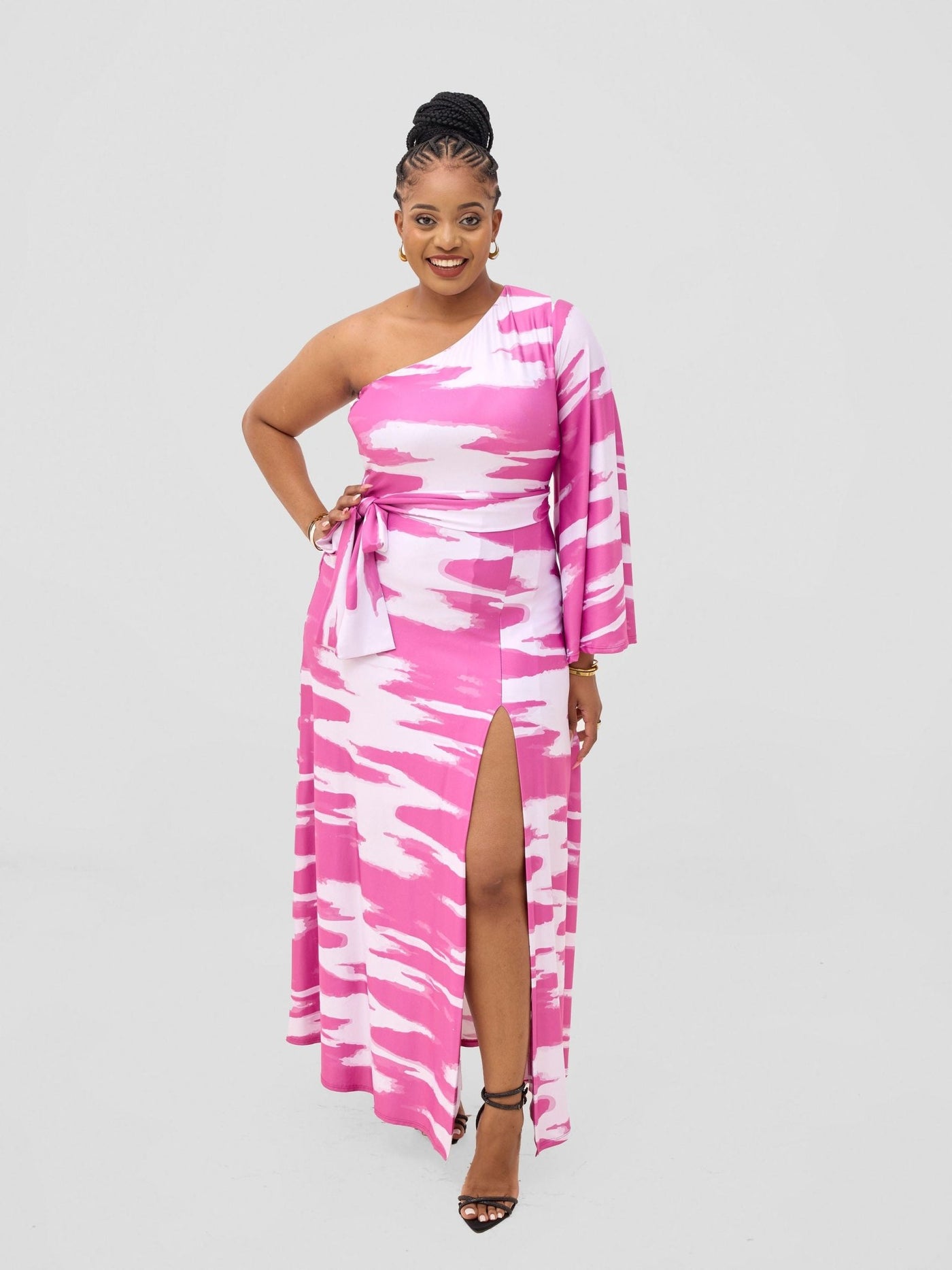 Vivo Yene One Shoulder Maxi Dress - White / Burgundy Shibori Print - Shopzetu