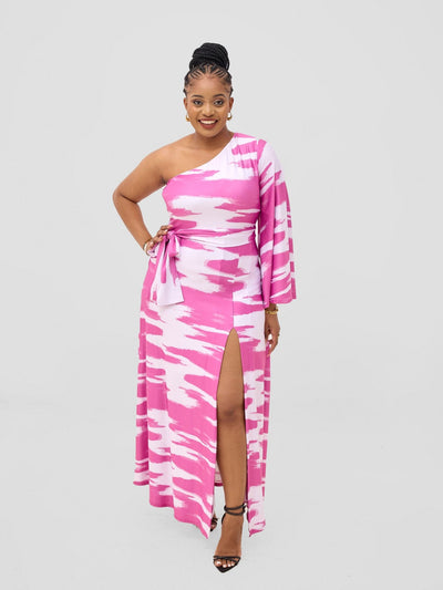 Vivo Yene One Shoulder Maxi Dress - White / Burgundy Shibori Print - Shopzetu