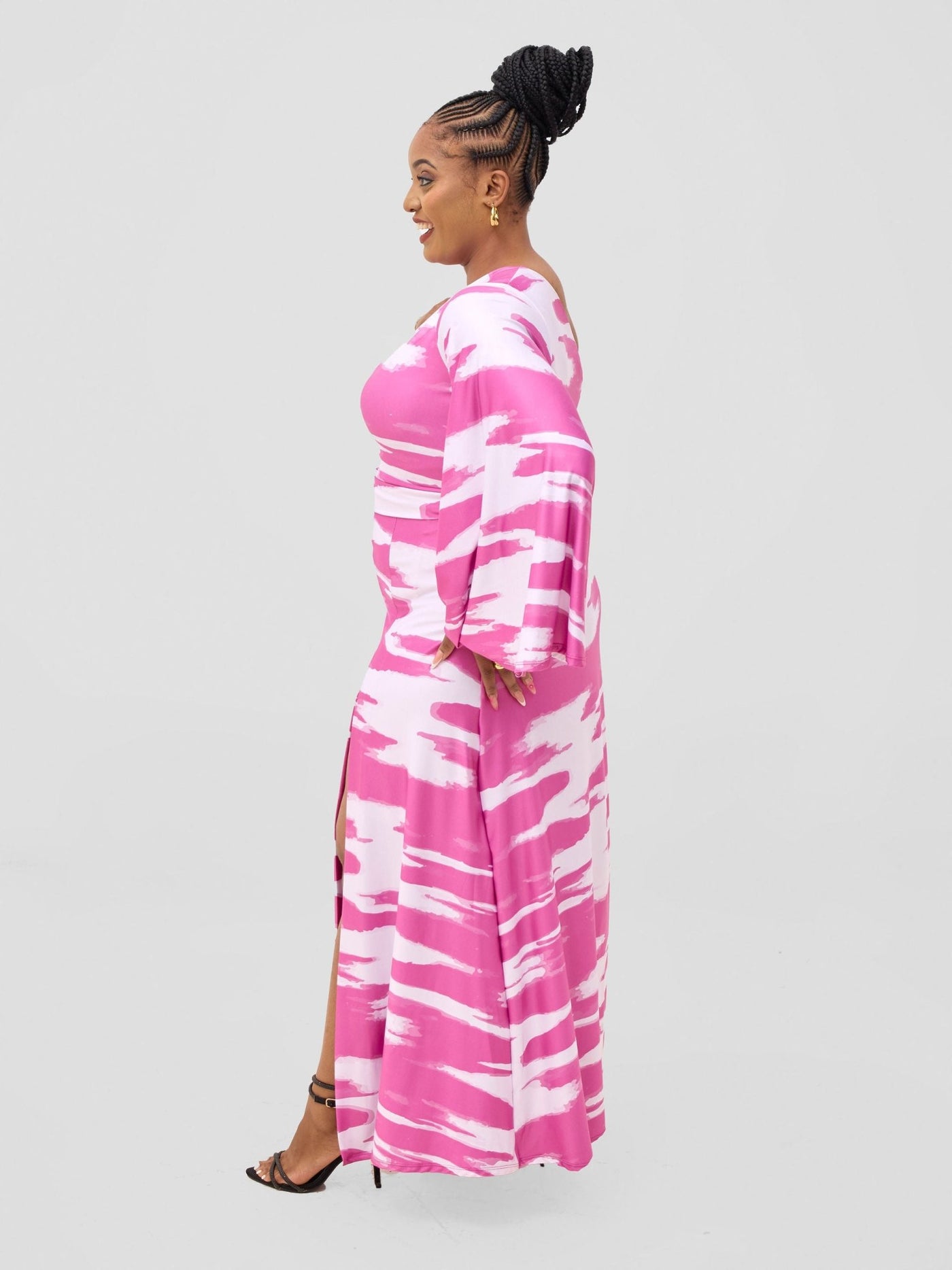Vivo Yene One Shoulder Maxi Dress - White / Burgundy Shibori Print - Shopzetu