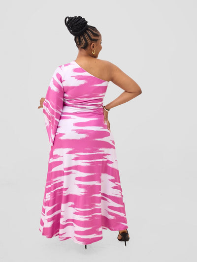 Vivo Yene One Shoulder Maxi Dress - White / Burgundy Shibori Print - Shopzetu