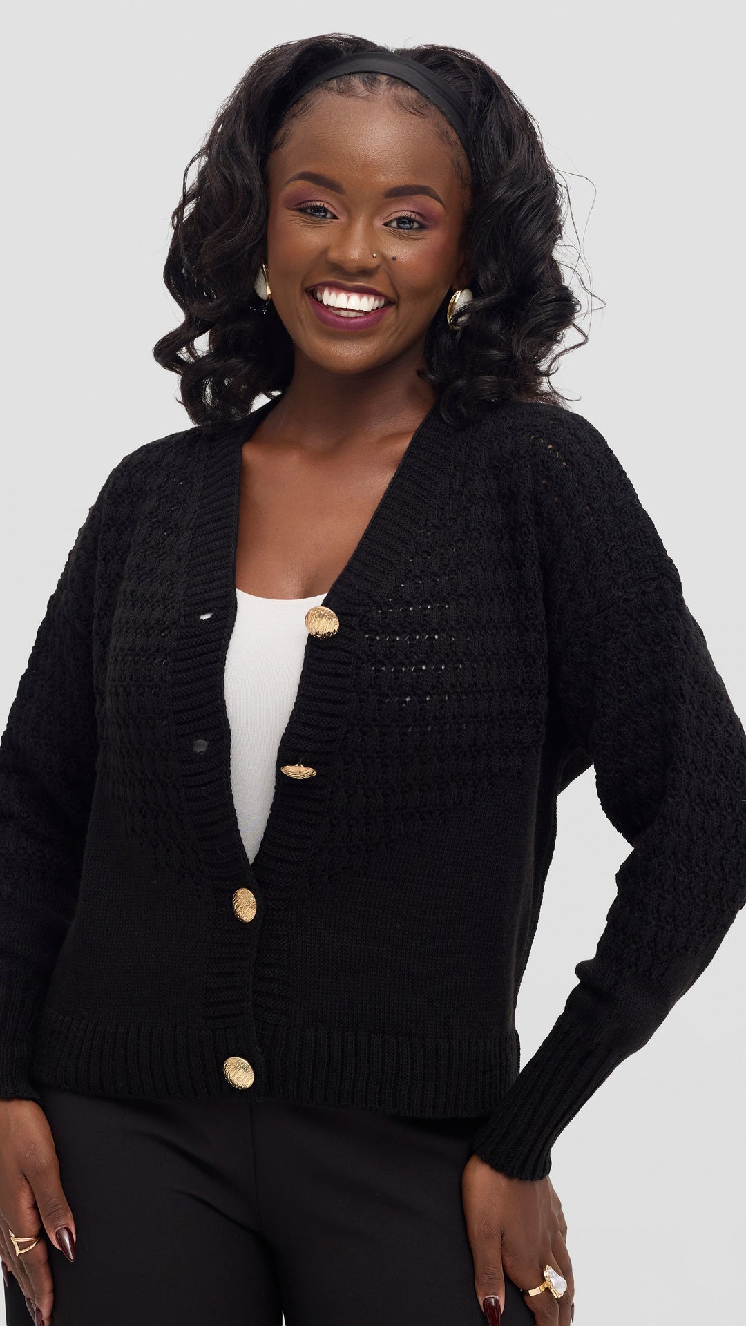 The Fashion Frenzy Gold Button Cardigan - Black
