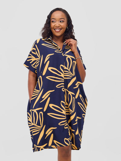 Reba Drop Shoulder Shirt Dress - Dark Navy / Mustard Print - Shopzetu