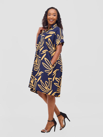 Reba Drop Shoulder Shirt Dress - Dark Navy / Mustard Print - Shopzetu