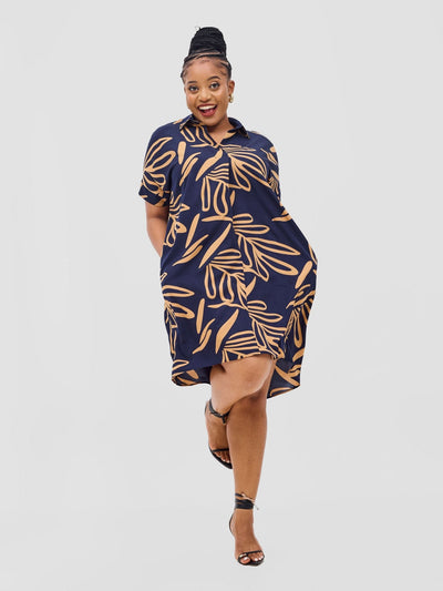 Reba Drop Shoulder Shirt Dress - Dark Navy / Tan Print - Shopzetu