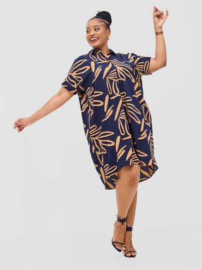 Reba Drop Shoulder Shirt Dress - Dark Navy / Tan Print - Shopzetu