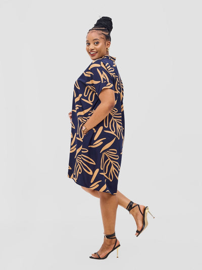 Reba Drop Shoulder Shirt Dress - Dark Navy / Tan Print - Shopzetu