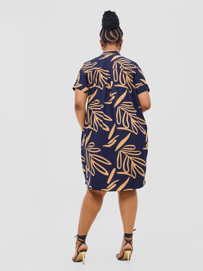 Reba Drop Shoulder Shirt Dress - Dark Navy / Tan Print - Shopzetu