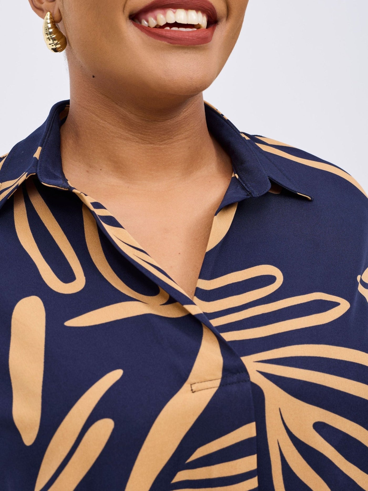 Reba Drop Shoulder Shirt Dress - Dark Navy / Tan Print - Shopzetu